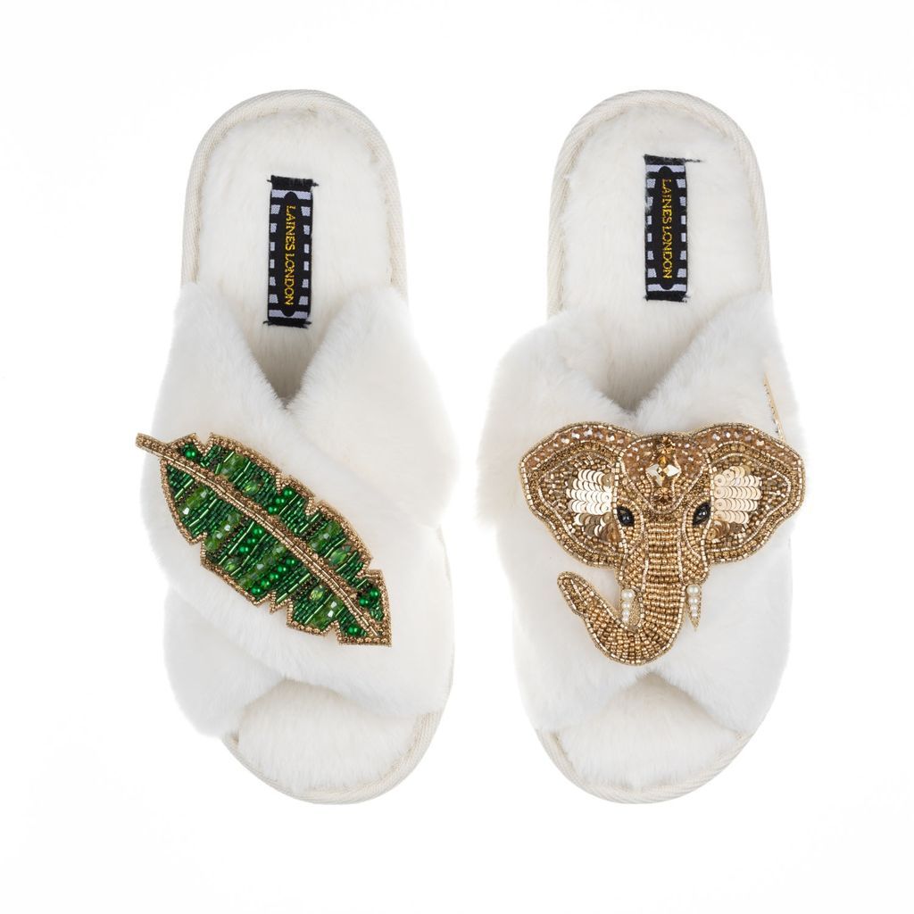 Women's White Classic Laines Slippers With Artisan Golden Elephant & Leaf Brooches - Cream Small LAINES LONDON