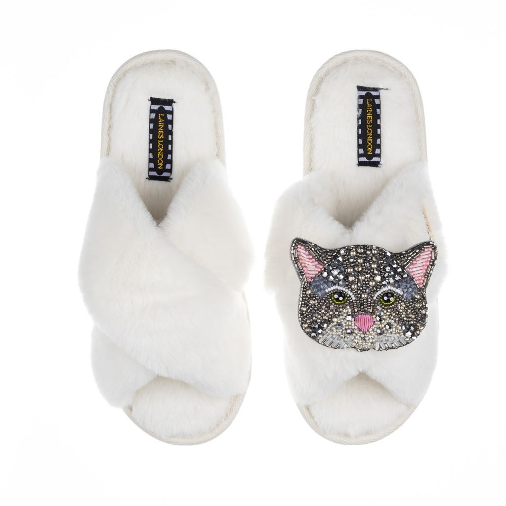 Women's White Classic Laines Slippers With Artisan Luna Cat Brooch - Cream Small LAINES LONDON