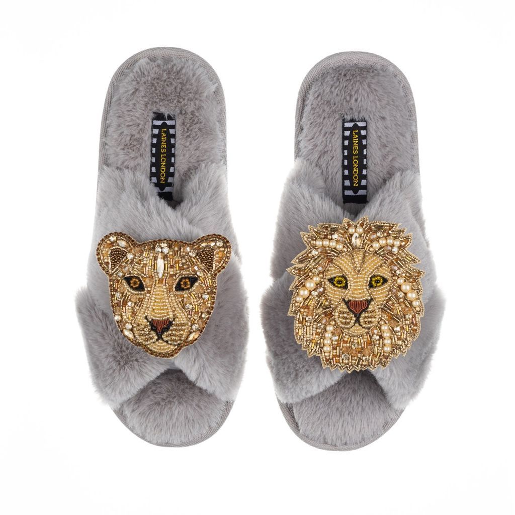 Women's Classic Laines Slippers With Artisan Golden Lion & Lioness Brooches - Grey Small LAINES LONDON