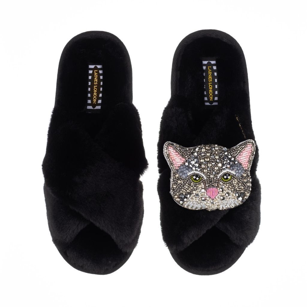 Women's Classic Laines Slippers With Artisan Luna Cat Brooch - Black Small LAINES LONDON