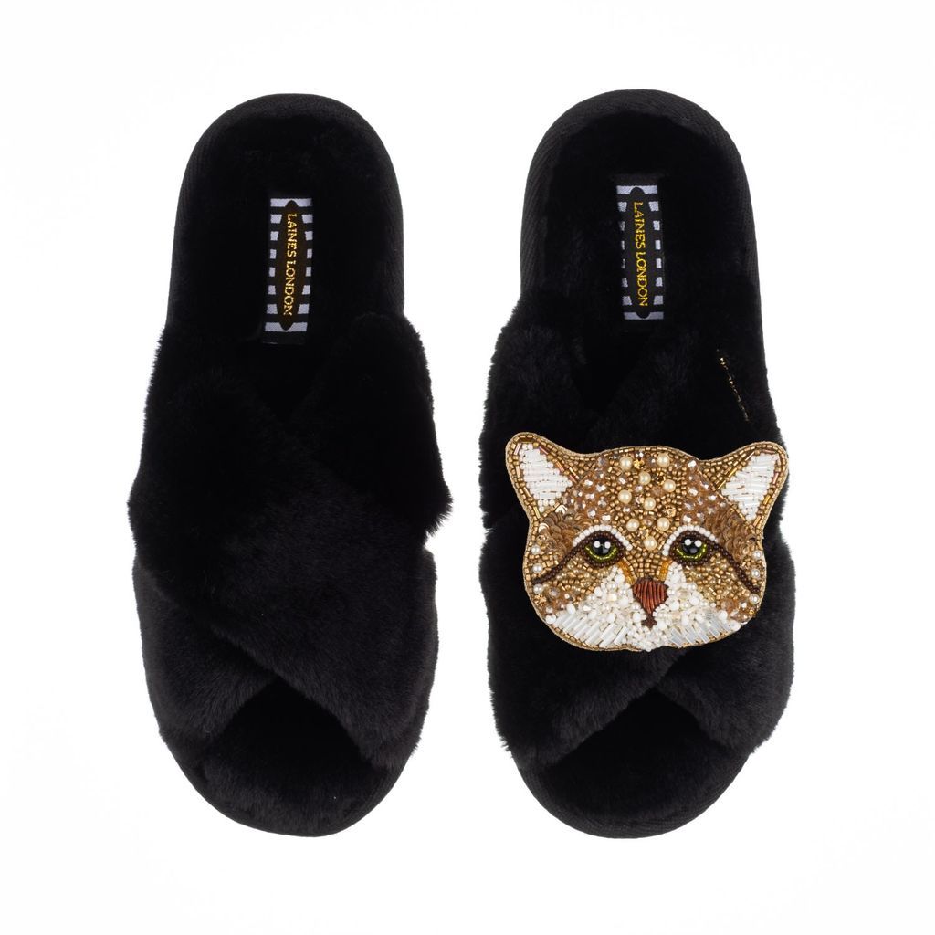 Women's Classic Laines Slippers With Artisan Tom Cat Brooch - Black Small LAINES LONDON