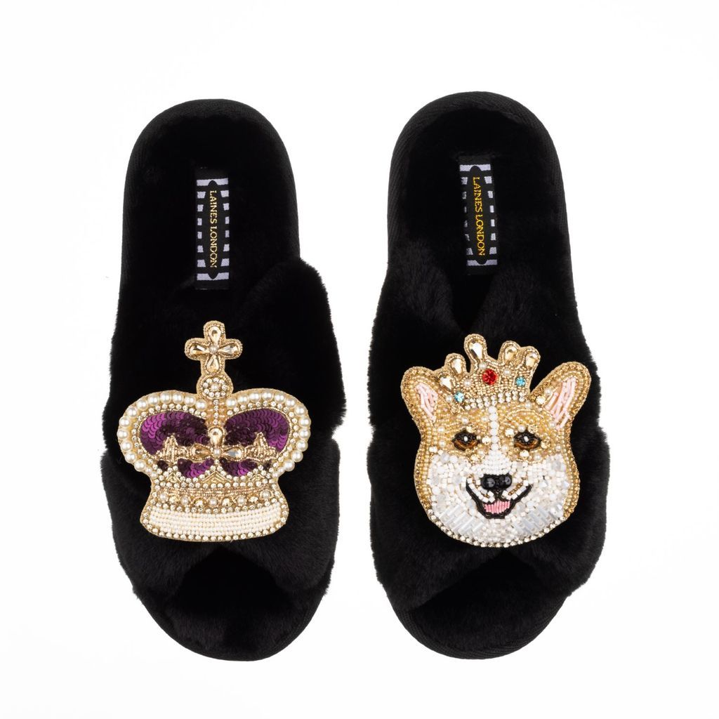 Women's Classic Laines Slippers With Artisan Sandy The Corgi & Royal Crown Brooches - Black Small LAINES LONDON