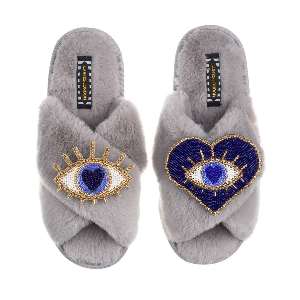 Women's Classic Laines Slippers With Artisan Double Blue Eye Brooches - Grey Small LAINES LONDON