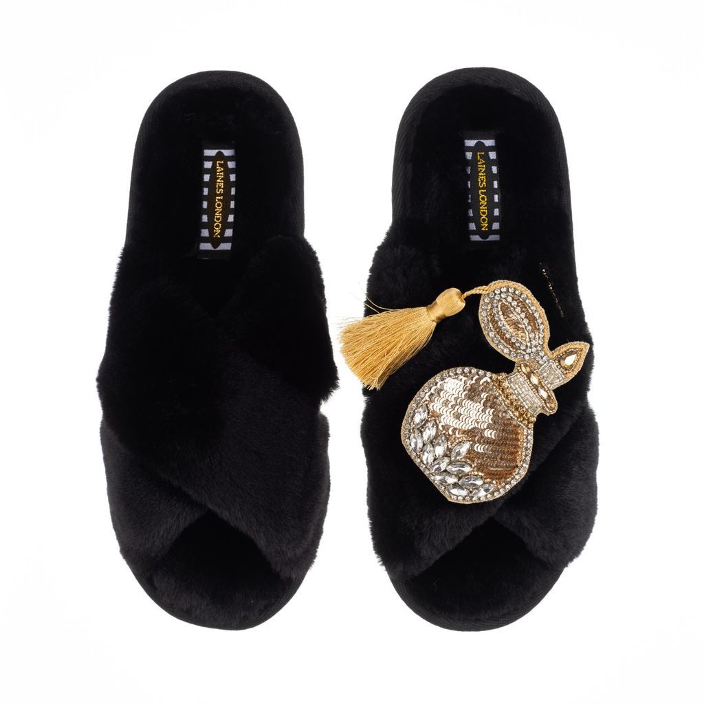 Women's Classic Laines Slippers With Artisan Glam Perfume Bottle Brooch - Black Small LAINES LONDON
