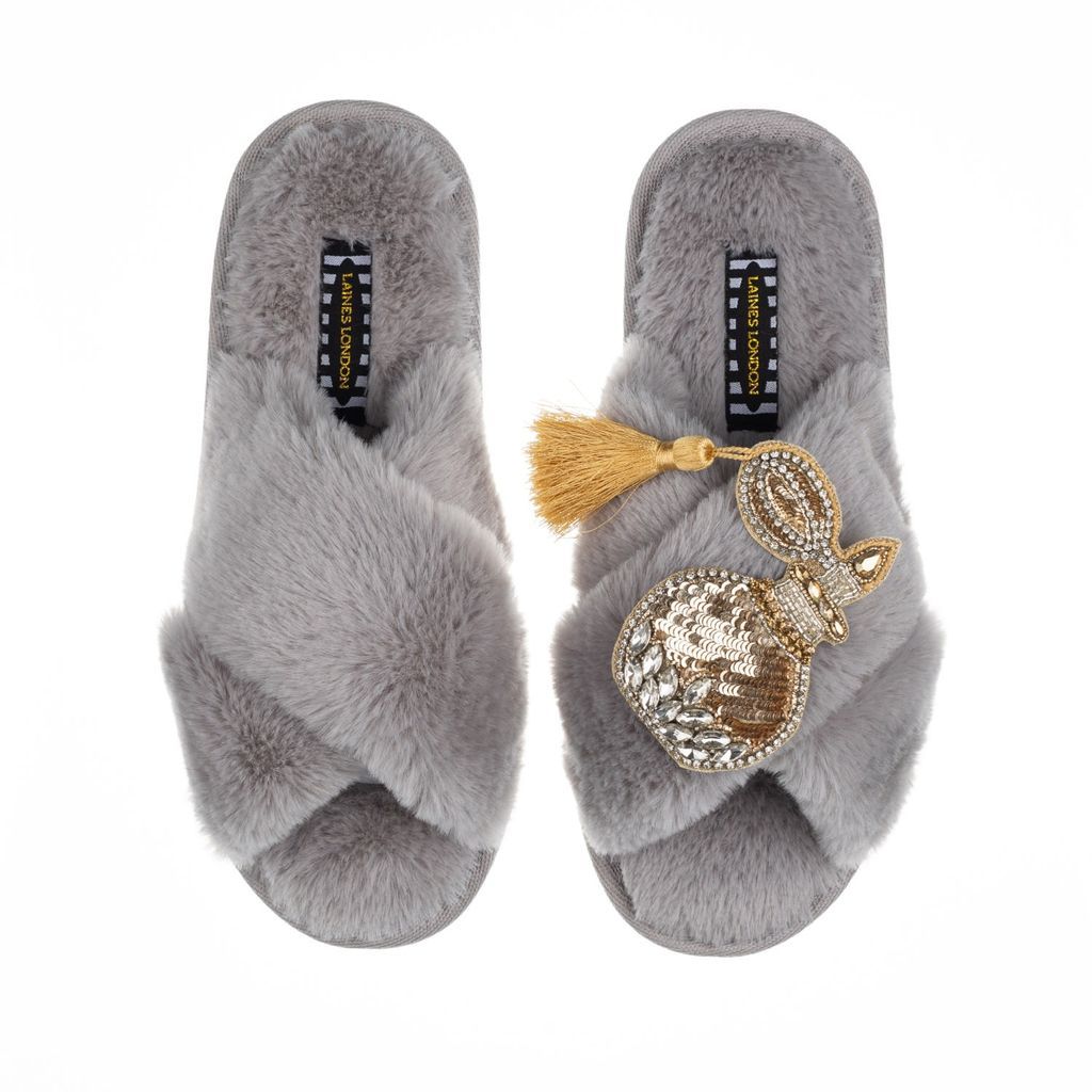 Women's Classic Laines Slippers With Artisan Glam Perfume Bottle Brooch - Grey Small LAINES LONDON