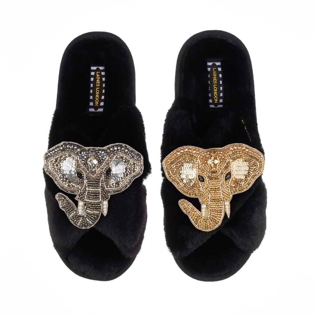 Women's Classic Laines Slippers With Artisan Gold & Silver Elephant Brooches - Black Small LAINES LONDON