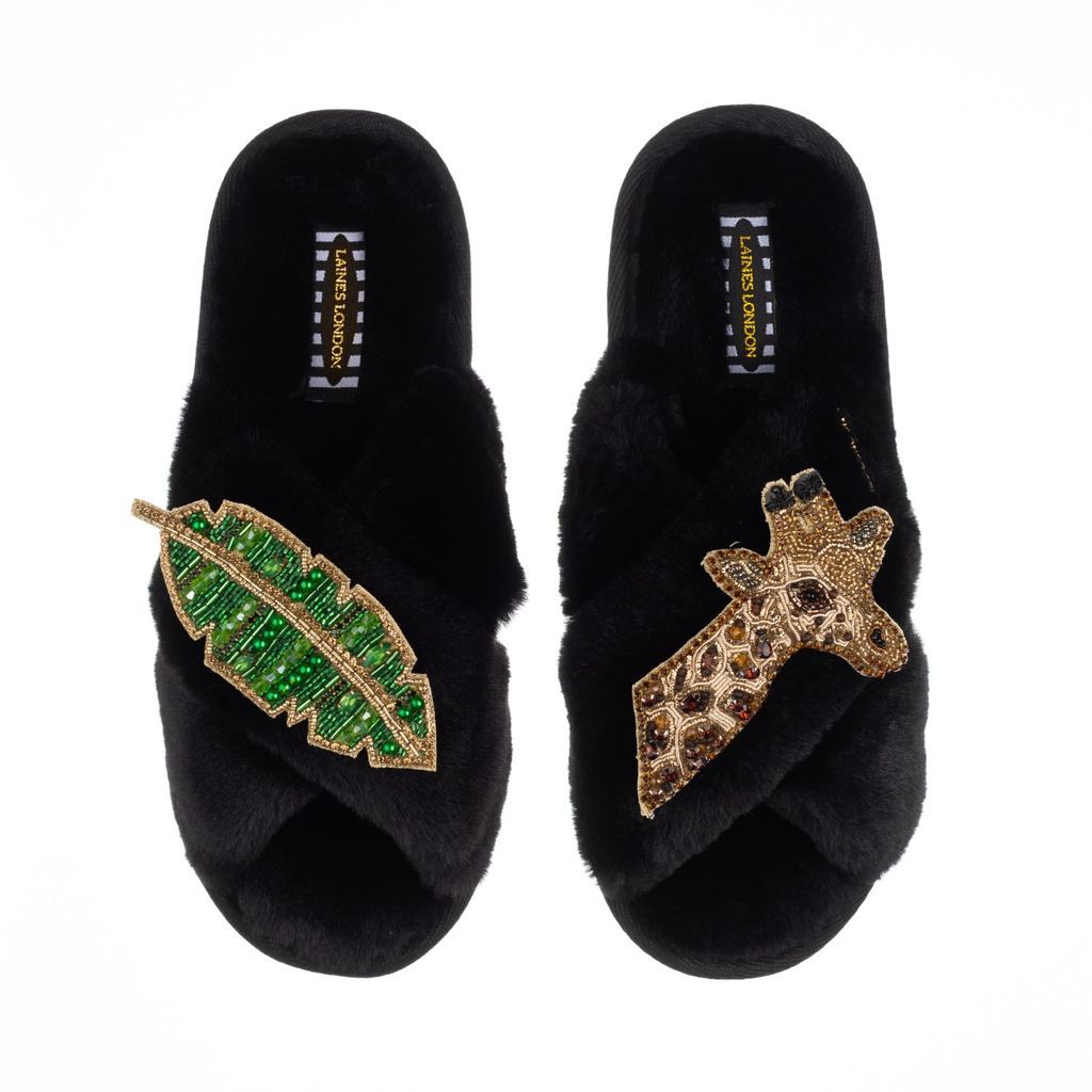Women's Classic Laines Slippers With Artisan Gold Giraffe & Leaf Brooches - Black Small LAINES LONDON