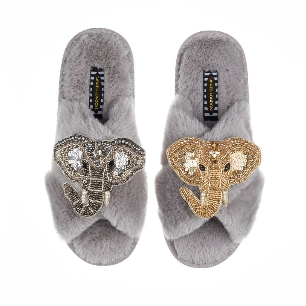 Women's Classic Laines Slippers With Artisan Gold & Silver Elephant Brooches - Grey Small LAINES LONDON