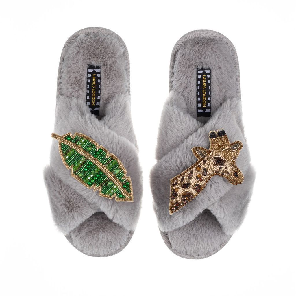 Women's Classic Laines Slippers With Artisan Gold Giraffe & Leaf Brooches - Grey Small LAINES LONDON