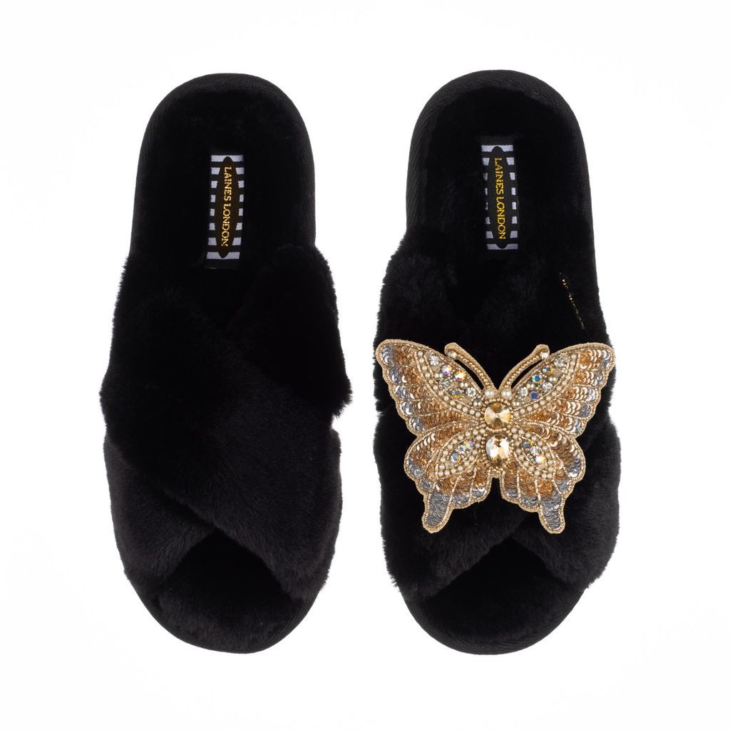 Women's Classic Laines Slippers With Artisan Golden Butterfly Brooch - Black Small LAINES LONDON