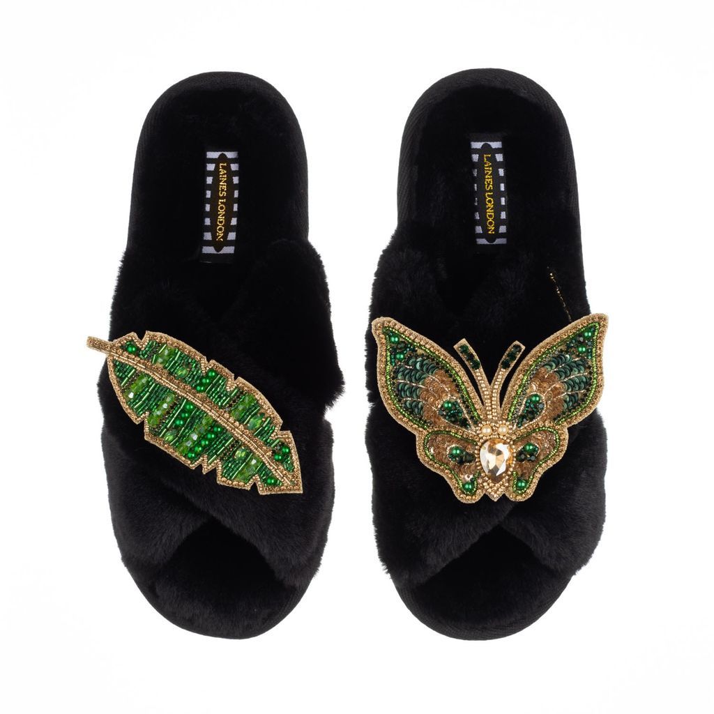 Women's Classic Laines Slippers With Artisan Green & Gold Butterfly & Leaf Brooch - Black Small LAINES LONDON