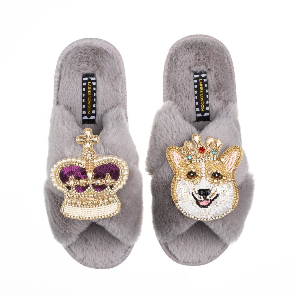 Women's Classic Laines Slippers With Artisan Sandy The Corgi & Royal Crown Brooches - Grey Small LAINES LONDON