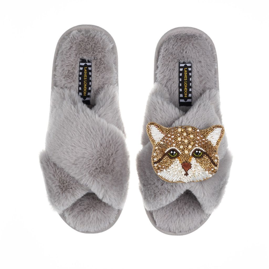 Women's Classic Laines Slippers With Artisan Tom Cat Brooch - Grey Small LAINES LONDON