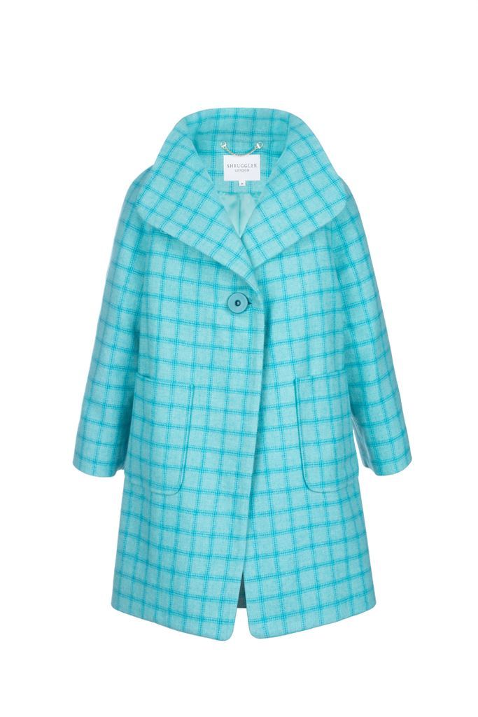 Women's Solena Coat - Blue Turquoise Check - Vintage Wool Small Shruggler