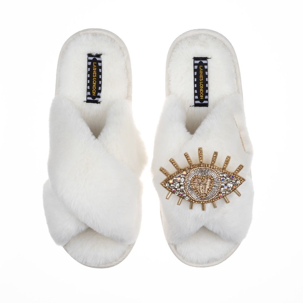 Women's White Classic Laines Slippers With Artisan Gold & Silver Eye Brooch - Cream Small LAINES LONDON