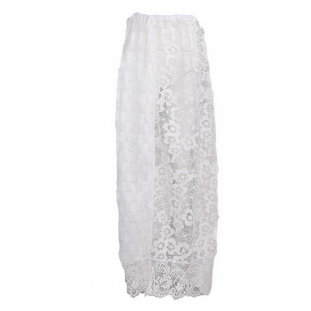 Women's Lulu - White Fringe Maxi Skirt With Embossed Lace Panels One Size Harlow Loves Daisy
