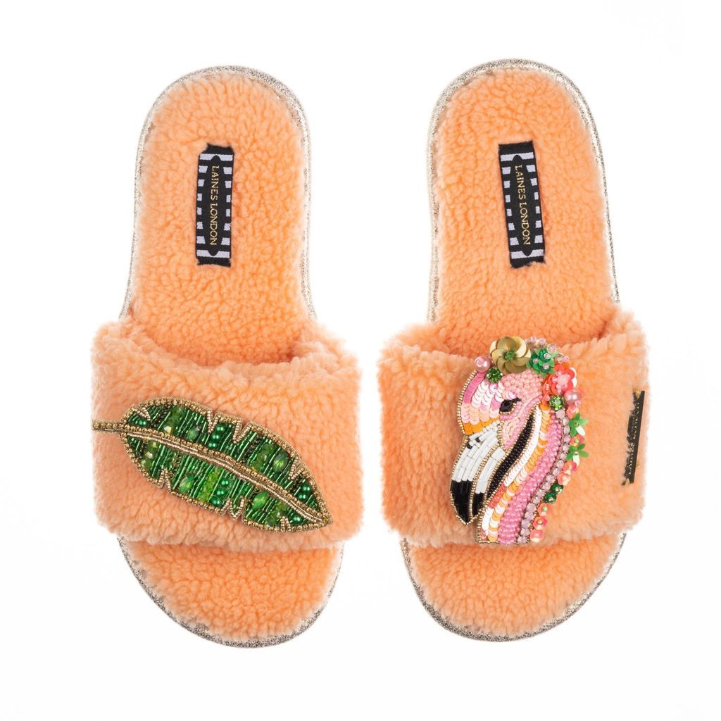 Women's Yellow / Orange Teddy Towelling Slipper / Sliders With Artisan Rosa Flamingo & Tropical Banana Leaf Brooches - Coral Orange Small LAINES LONDON