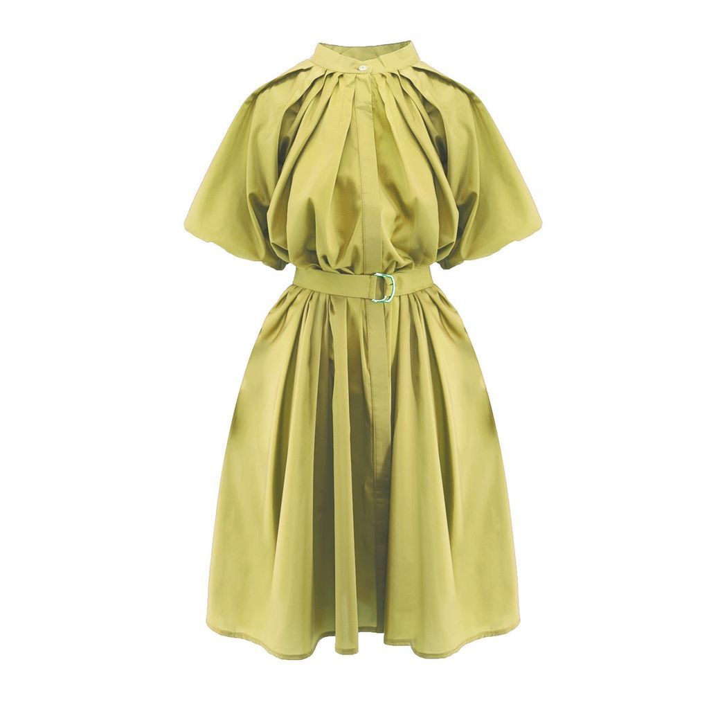 Women's Green Olive Dress With Raglan Sleeve And Pleats Extra Small BLUZAT