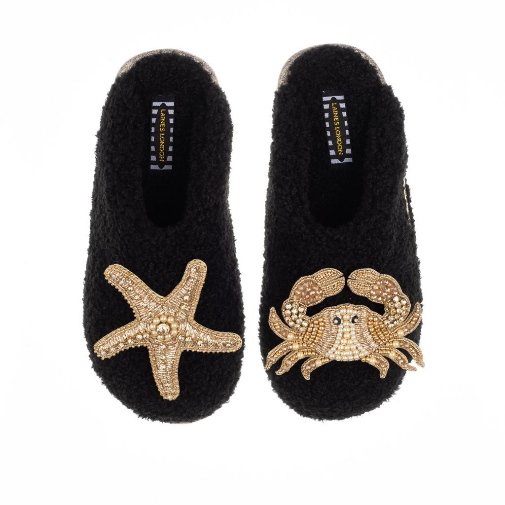 Women's Teddy Towelling Closed Toe Slippers With Gold Crab & Starfish Brooches - Black Small LAINES LONDON