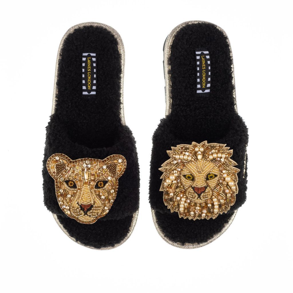 Women's Teddy Towelling Slipper / Sliders With Golden Lion & Lioness Brooches - Black Small LAINES LONDON