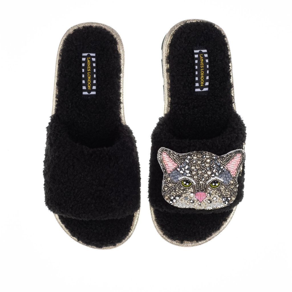 Women's Teddy Towelling Slipper Sliders With Luna Cat Brooch - Black Small LAINES LONDON