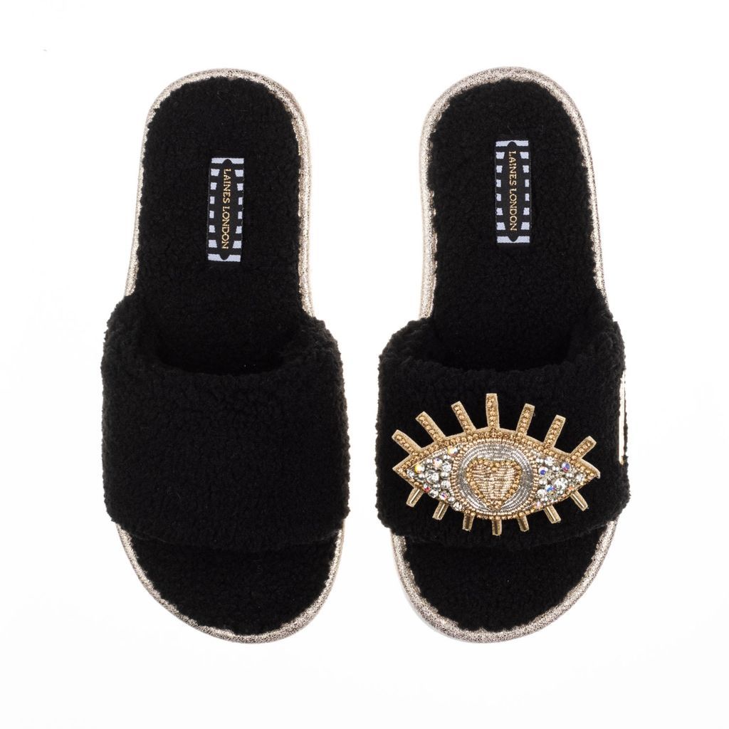 Women's Teddy Towelling Slipper Sliders With Artisan Gold & Silver Eye - Black Small LAINES LONDON