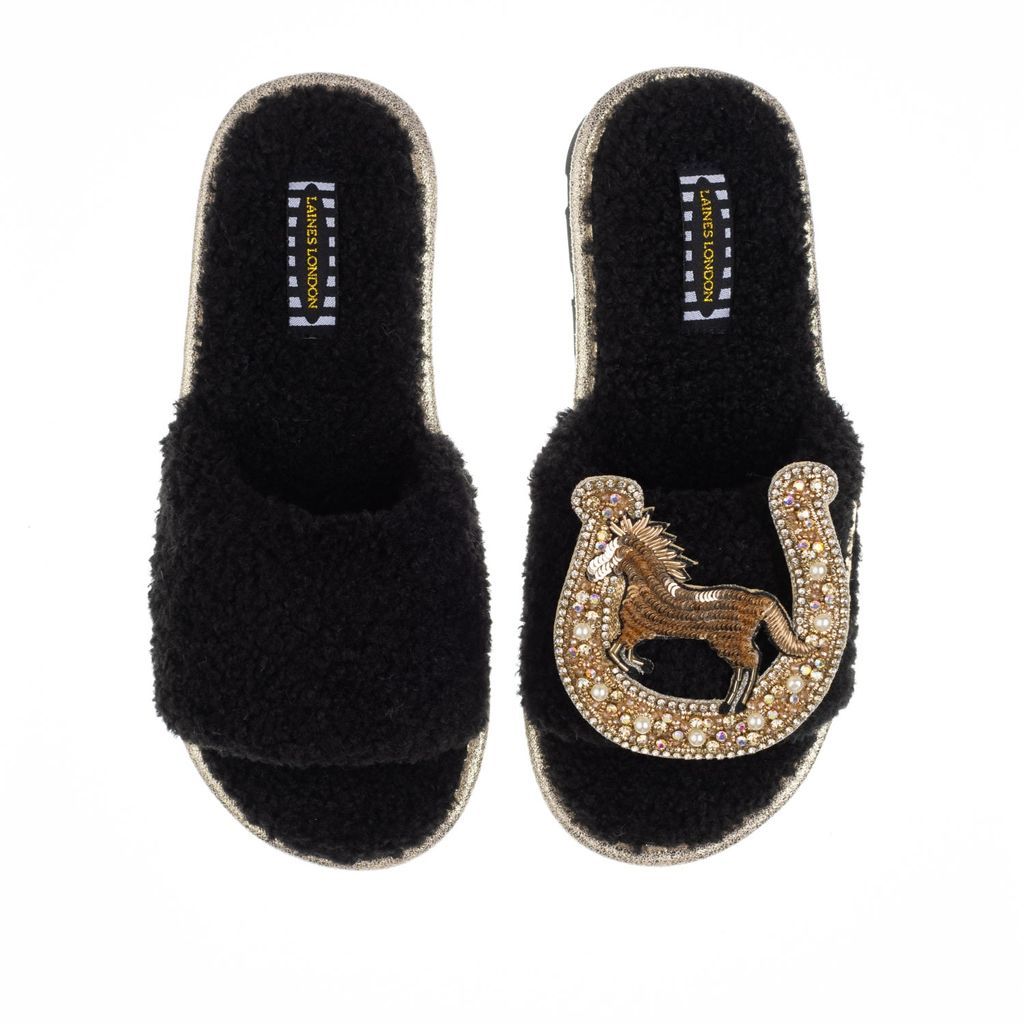 Women's Teddy Towelling Slipper Sliders With Golden Horseshoe Brooch - Black Small LAINES LONDON