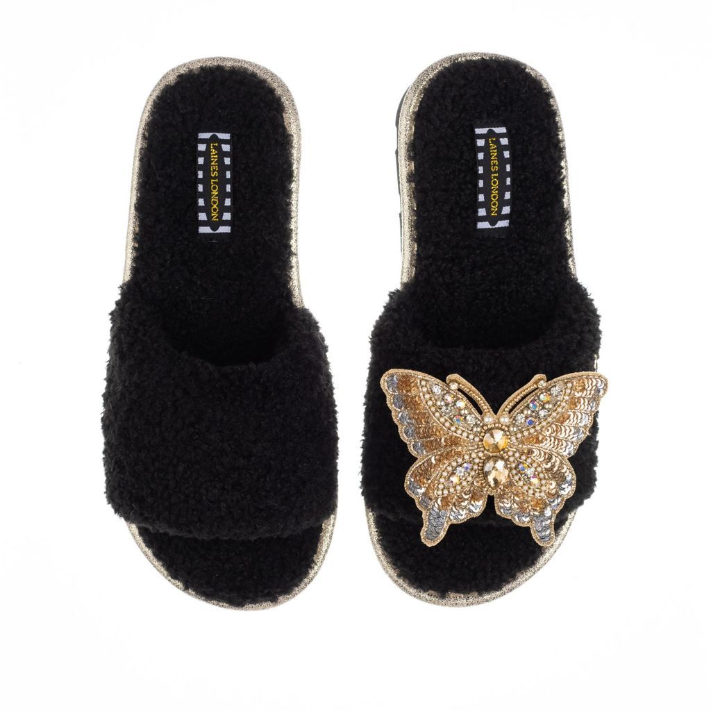Women's Teddy Towelling Slipper Sliders With Golden Butterfly Brooch - Black Small LAINES LONDON