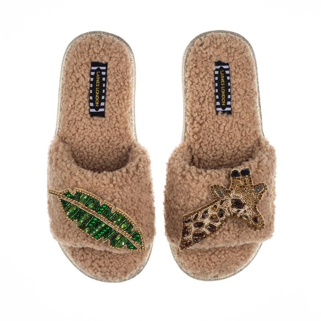 Women's Teddy Towelling Slipper Sliders With Gold Giraffe & Leaf Brooches - Brown Small LAINES LONDON
