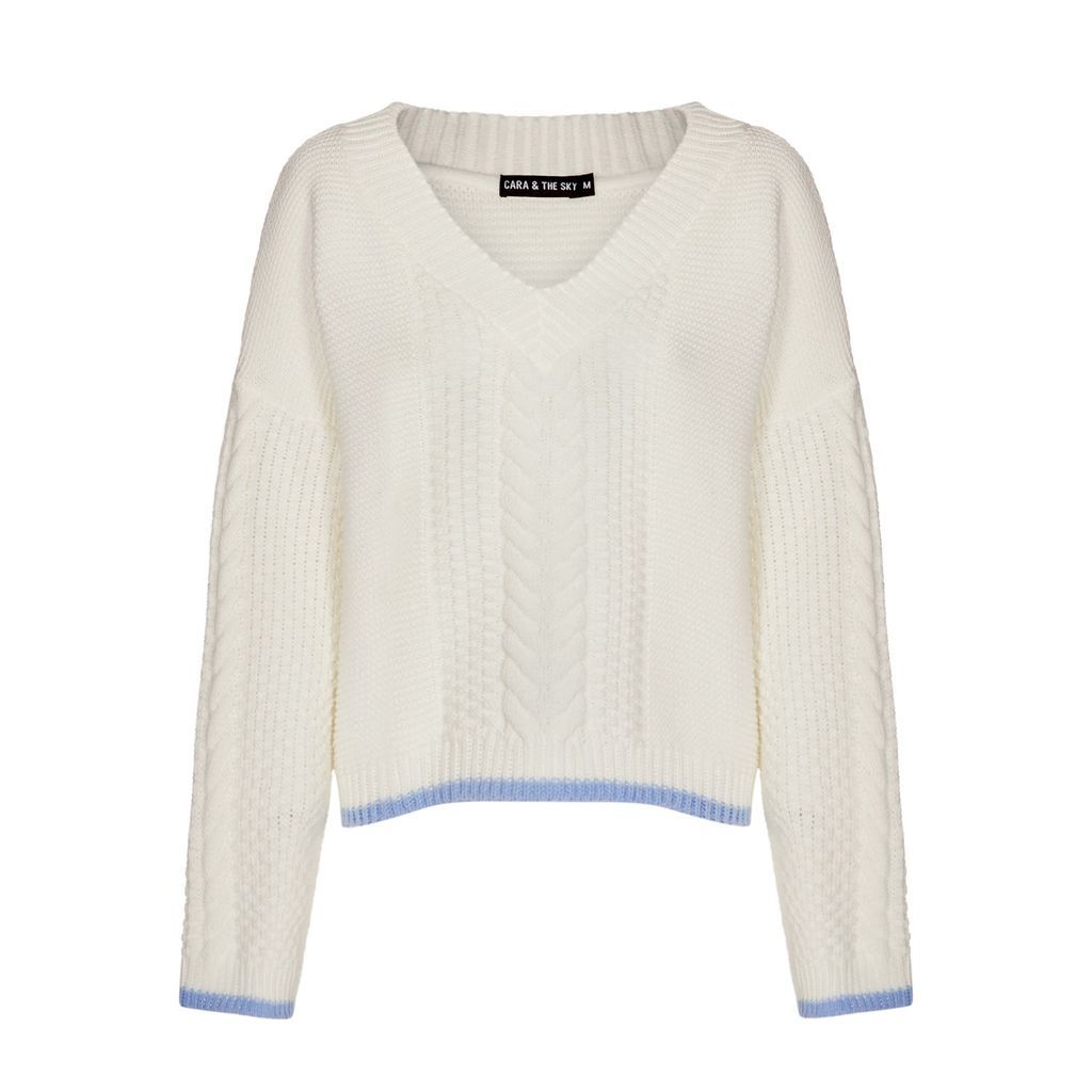 Women's Emma Cable V Neck Jumper White Small Cara & The Sky