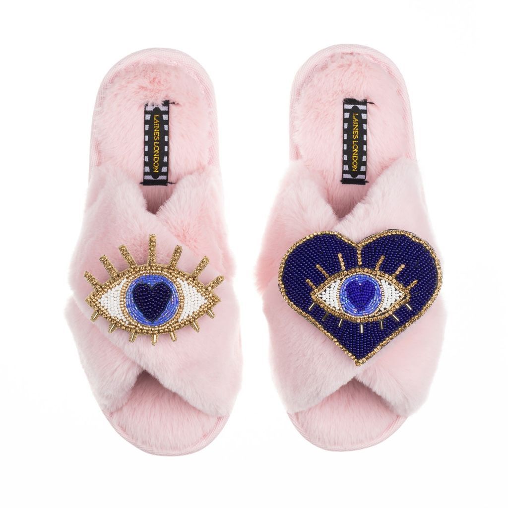 Women's Pink / Purple Classic Laines Slippers With Artisan Double Blue Eye Brooches - Pink Small LAINES LONDON