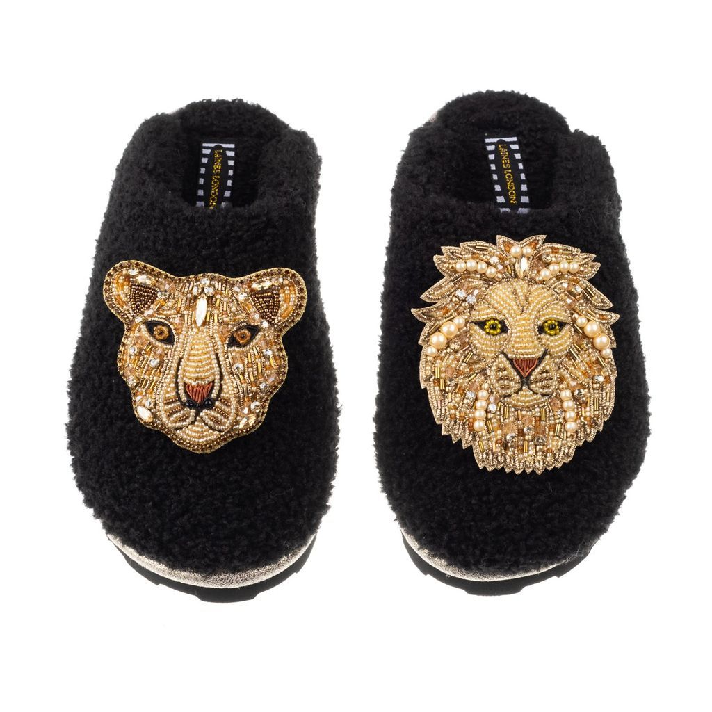 Women's Teddy Towelling Closed Toe Slippers With Artisan Gold Lion & Lioness Brooches - Black Small LAINES LONDON