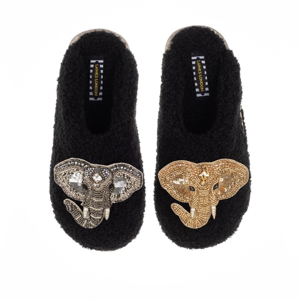 Women's Teddy Towelling Closed Toe Slippers With Artisan Gold & Silver Elephant Brooches - Black Small LAINES LONDON