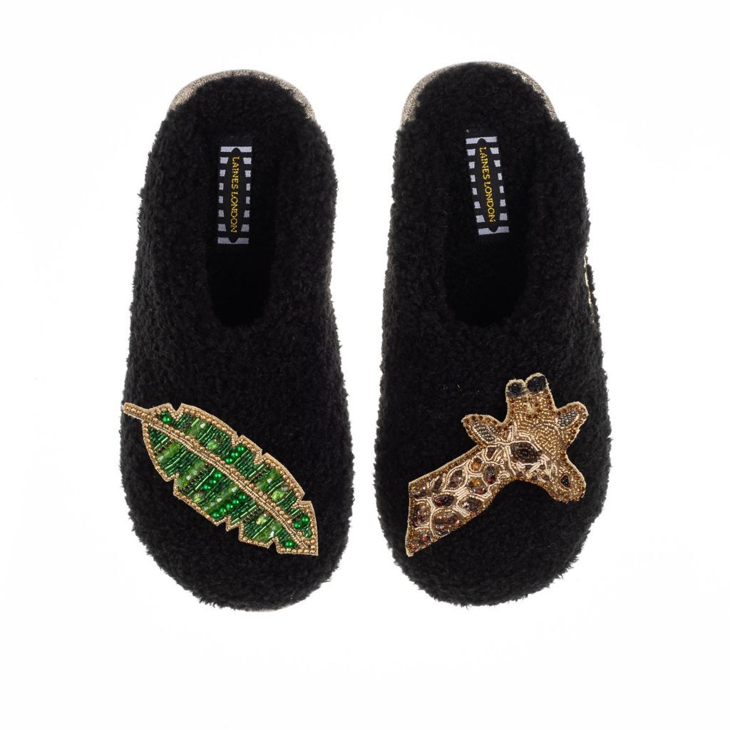 Women's Teddy Towelling Closed Toe Slippers With Artisan Giraffe & Leaf Brooches - Black Small LAINES LONDON