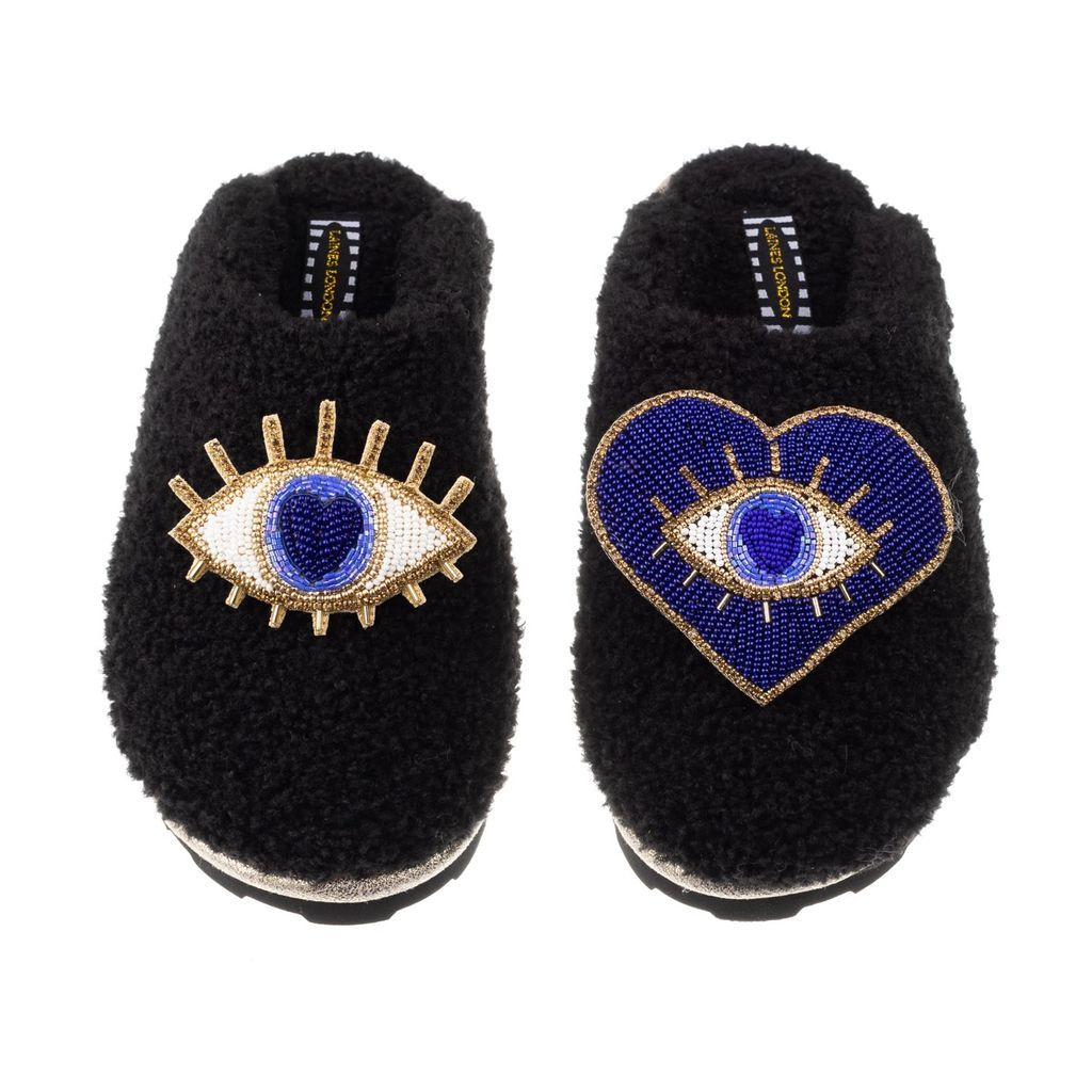 Women's Teddy Towelling Closed Toe Slippers With Double Blue Eye Brooches - Black Small LAINES LONDON