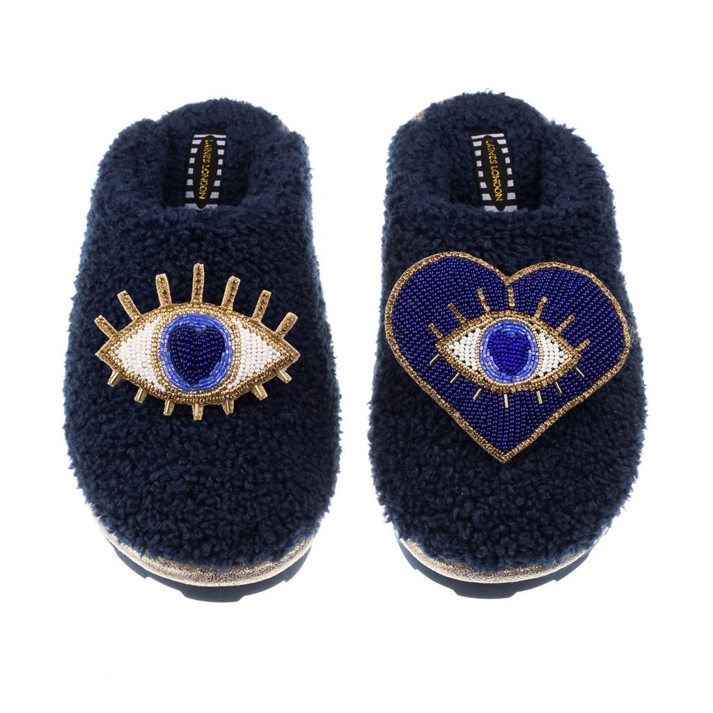 Women's Teddy Towelling Closed Toe Slippers With Double Blue Eye Brooches - Navy Small LAINES LONDON
