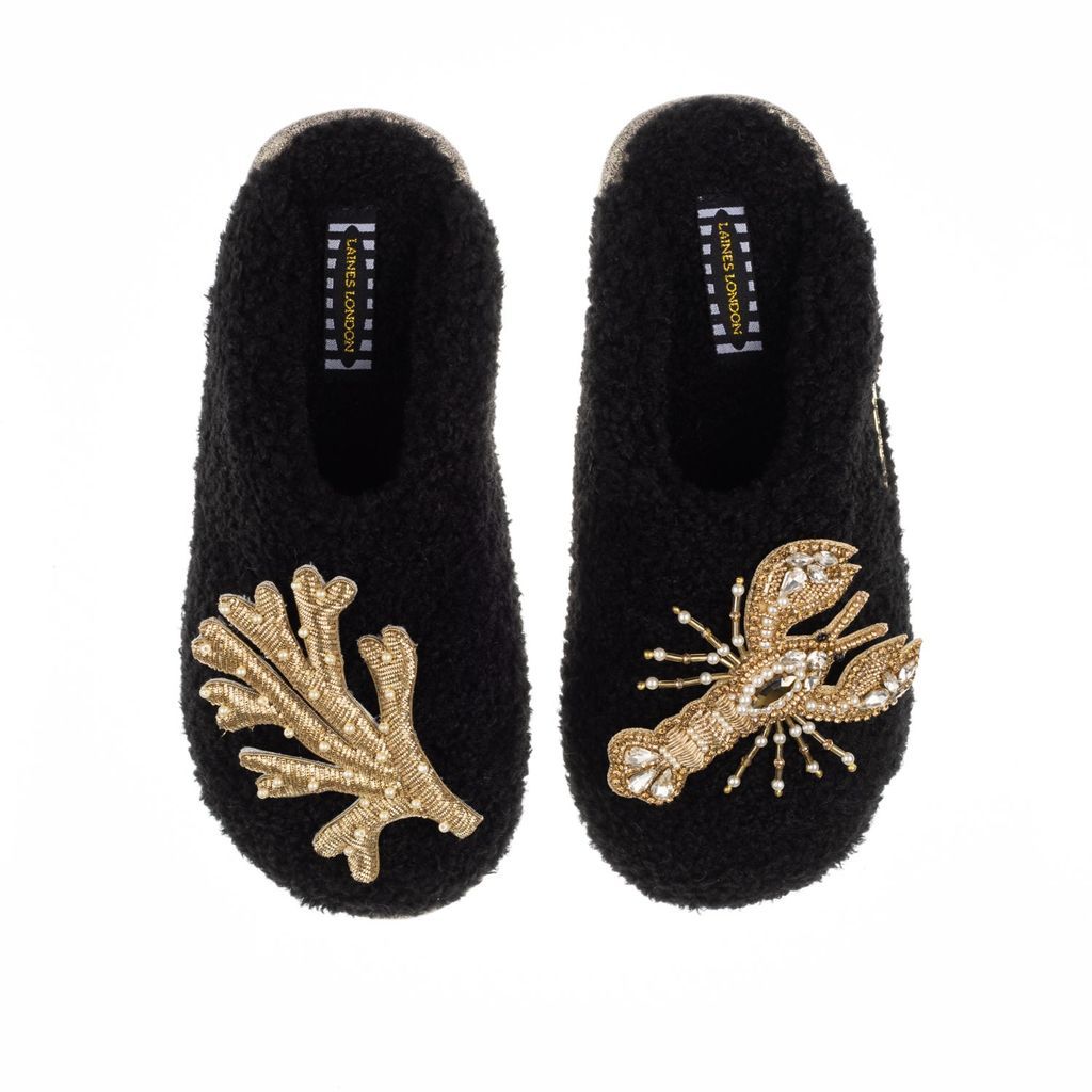 Women's Teddy Towelling Closed Toe Slippers With Gold Lobster & Coral Brooches - Black Small LAINES LONDON