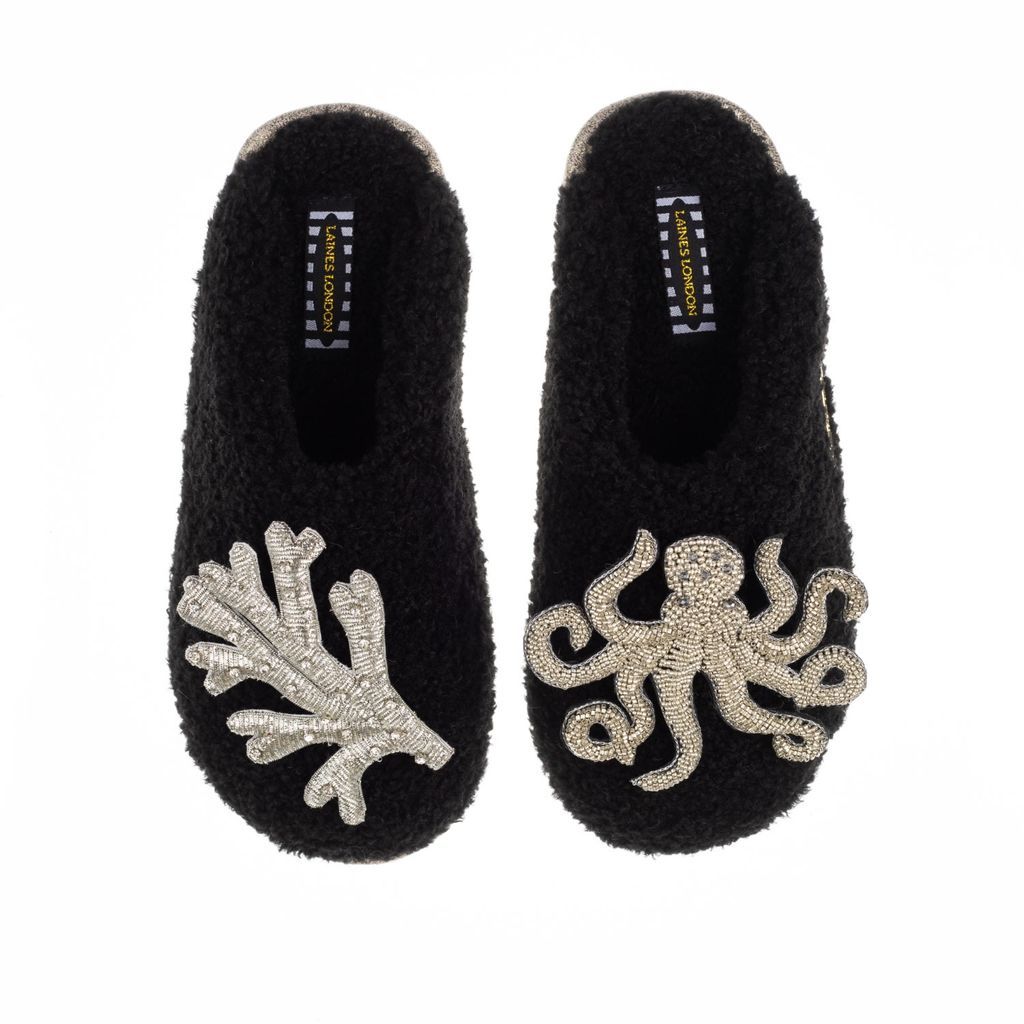 Women's Teddy Towelling Closed Toe Slippers With Silver Octopus & Coral Brooches - Black Small LAINES LONDON