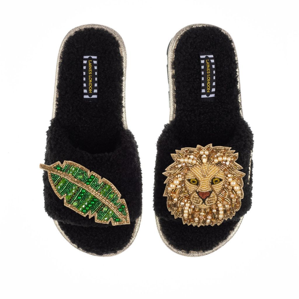Women's Teddy Towelling Slipper / Sliders With Golden Lion & Leaf Brooches - Black Small LAINES LONDON