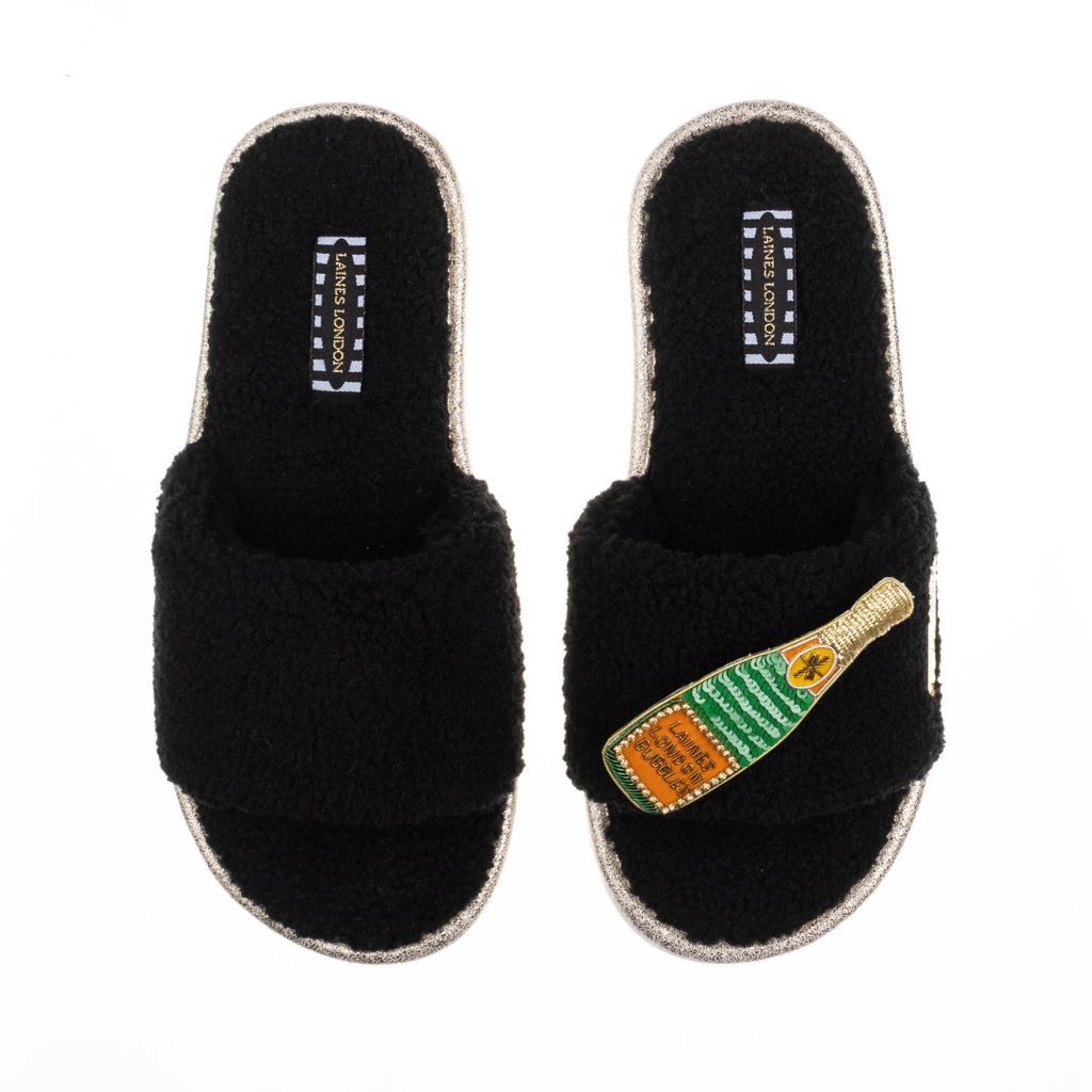 Women's Teddy Towelling Slipper Sliders With Artisan Laines Champagne Brooch - Black Small LAINES LONDON