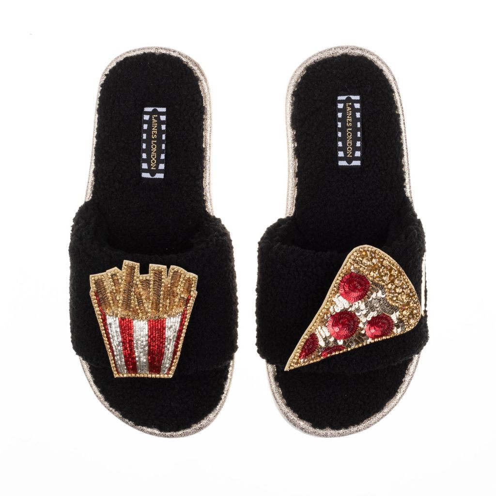 Women's Teddy Towelling Slipper Sliders With Artisan Pizza & Fries Brooches - Black Small LAINES LONDON