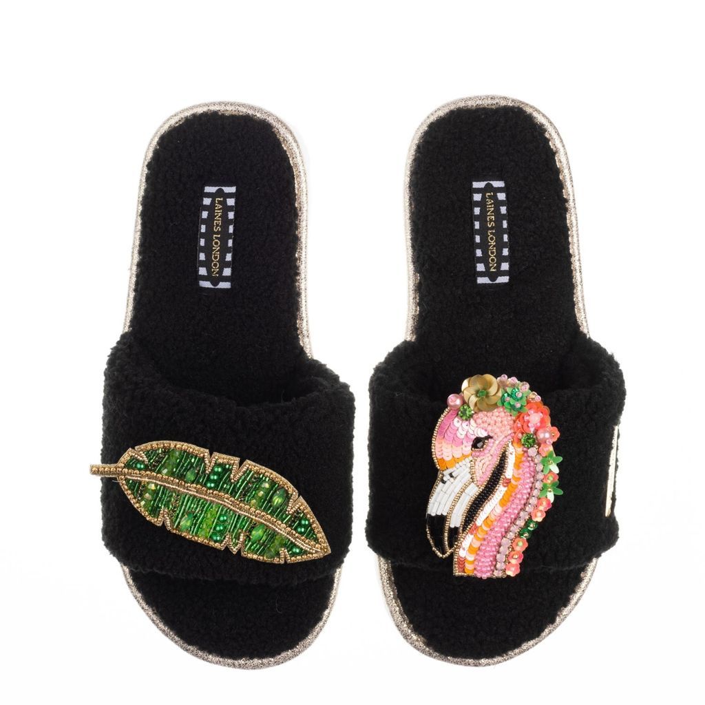 Women's Teddy Towelling Slipper Sliders With Artisan Rosa Flamingo & Banana Leaf Brooches - Black Small LAINES LONDON