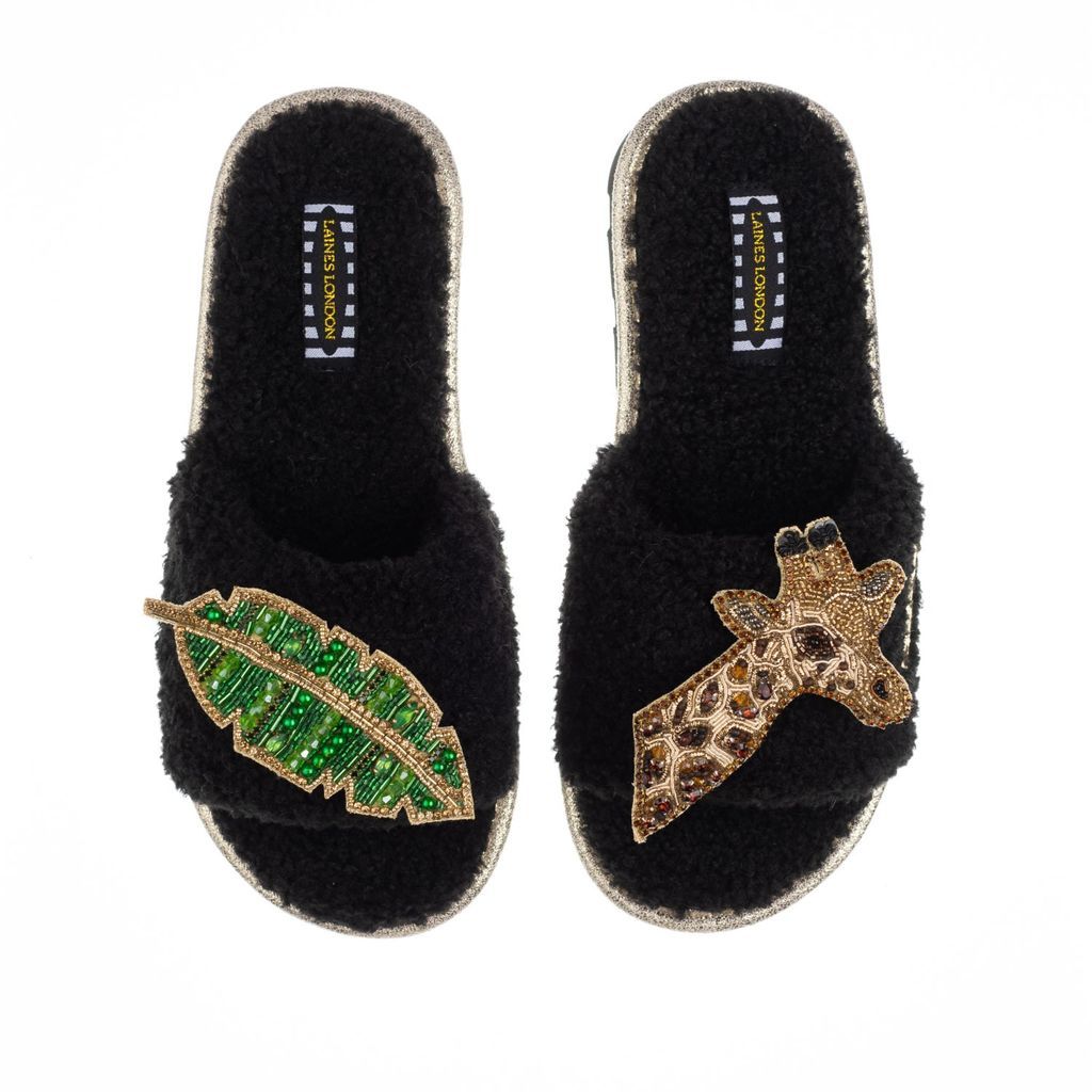 Women's Teddy Towelling Slipper Sliders With Gold Giraffe & Leaf Brooches - Black Small LAINES LONDON