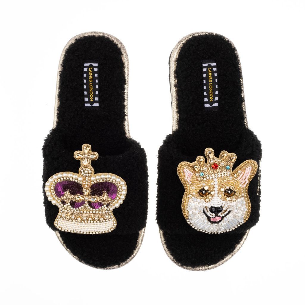 Women's Teddy Towelling Slipper Sliders With Sandy The Corgi & Royal Crown Brooches - Black Small LAINES LONDON