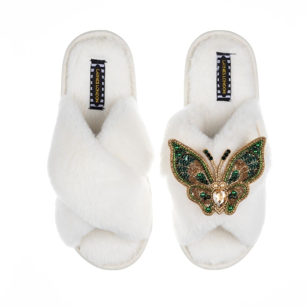 Women's White Classic Laines Slippers With Artisan Gold & Green Butterfly Brooch - Cream Small LAINES LONDON