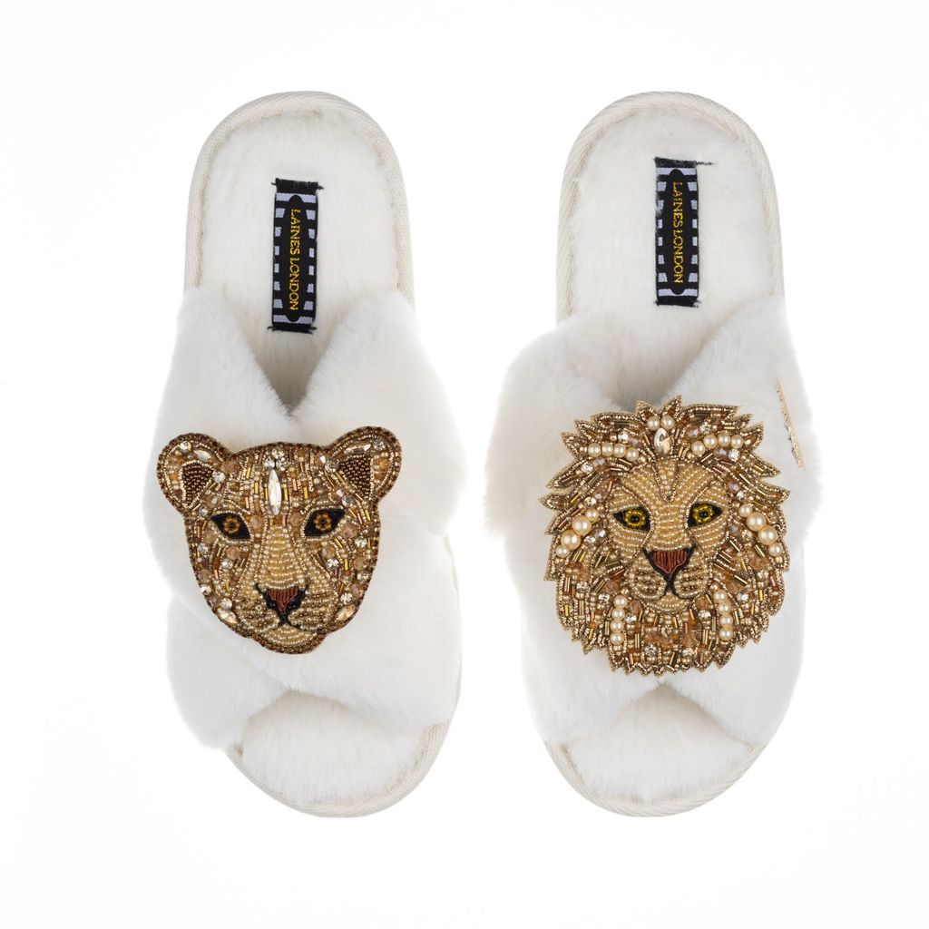 Women's White Classic Laines Slippers With Artisan Golden Lion & Lioness Brooches - Cream Small LAINES LONDON