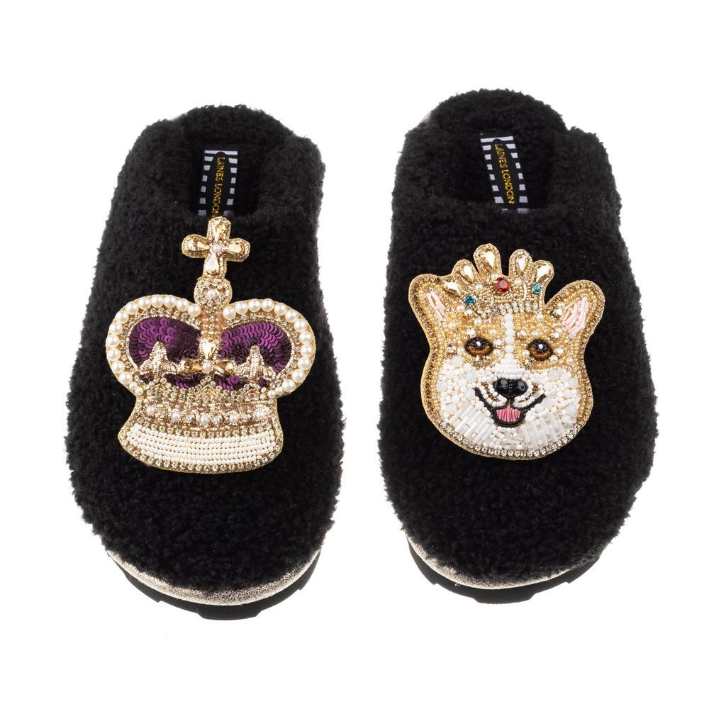 Women's Teddy Towelling Closed Toe Slippers With Sandy The Corgi & Royal Crown Brooches - Black Small LAINES LONDON