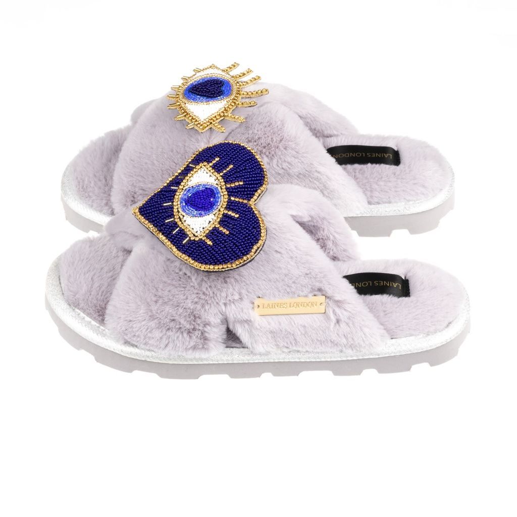 Women's Ultralight Chic Laines Slipper Slider With Artisan Double Blue Eye Brooches - Grey Small LAINES LONDON