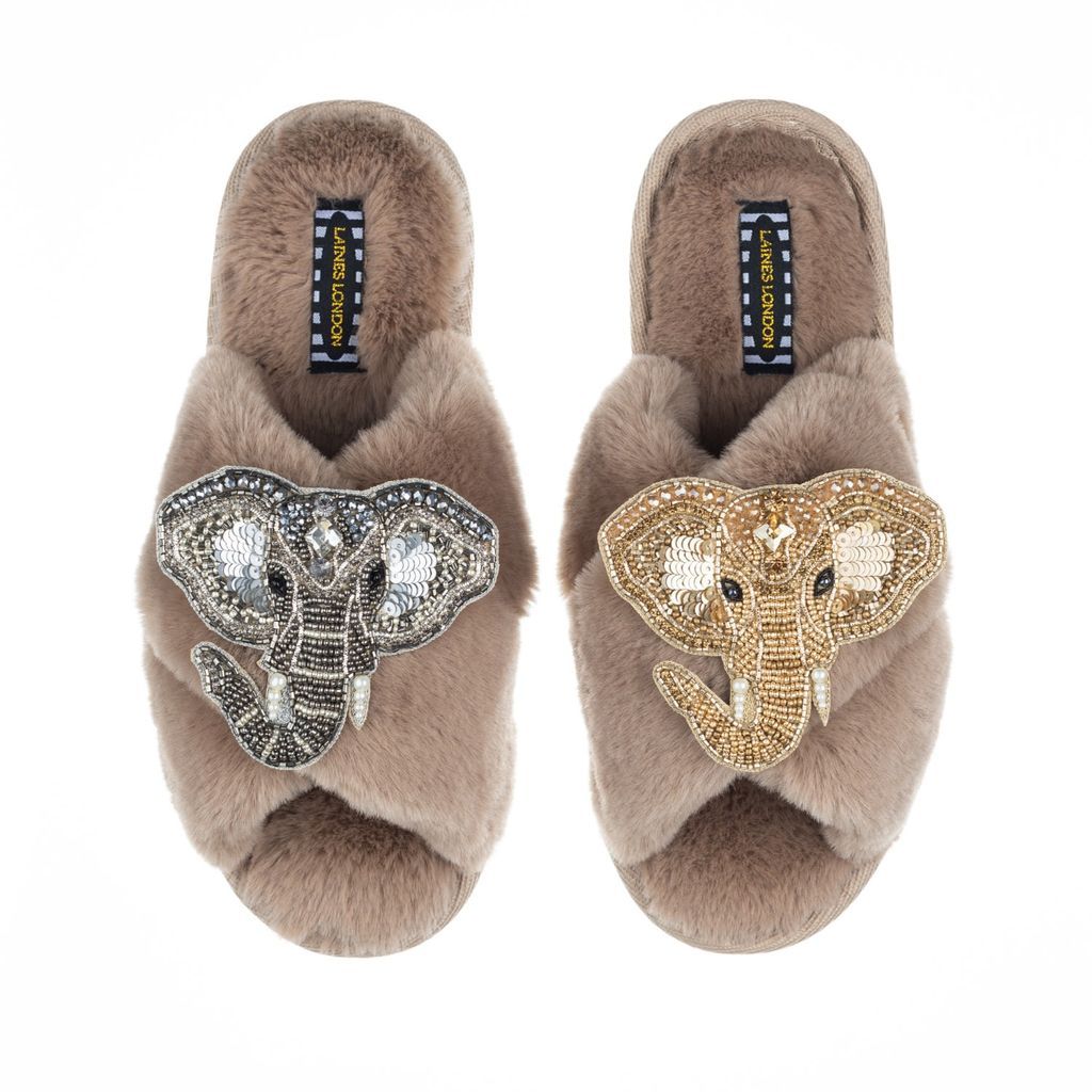 Women's Brown Classic Laines Slippers With Artisan Gold & Silver Elephant Brooches -Toffee Large LAINES LONDON