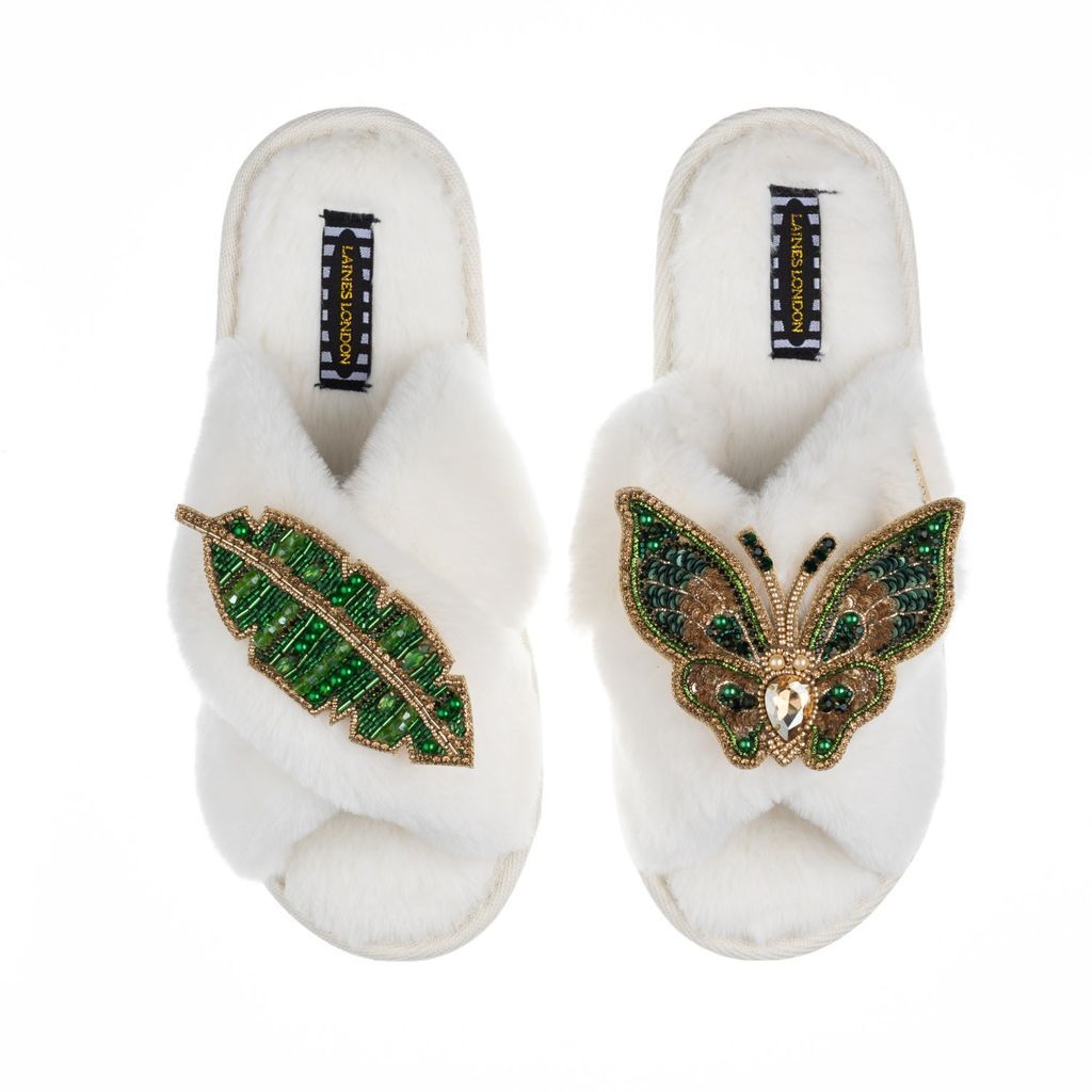 Women's White Classic Laines Slippers With Artisan Green & Gold Butterfly & Leaf Brooch -Cream Small LAINES LONDON